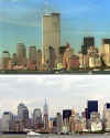 The World Trade Center twin towers before and after the September 11, 2001 terrorist attacks in New York City.